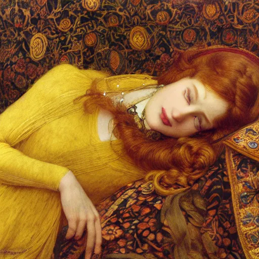 Image similar to preraphaelite photography reclining on bed, a hybrid of judy garland and eleanor of aquitaine, aged 2 5, big brown fringe, yellow ochre ornate medieval dress, john william waterhouse, kilian eng, rosetti, john everett millais, william holman hunt, william morris, 4 k