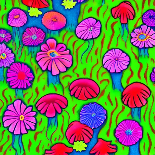 Image similar to neon, overcast balmy by jim woodring. a land art of a group of anemones in a vase