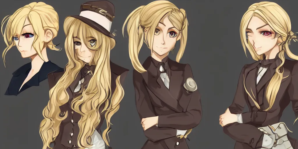 Prompt: visual novel sprites of a blonde haired steampunk detective girl, 2 d,