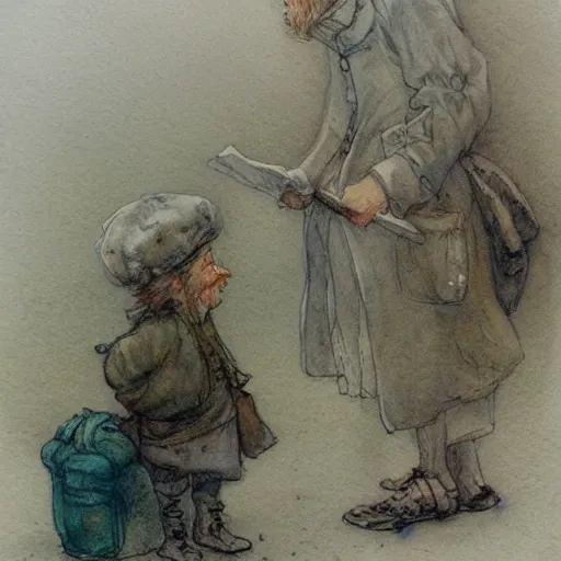 Prompt: a muted color watercolor sketch of a little person story book character ifrom the book Baltimore & Redingote by Jean-Baptiste Monge of an old man in the style of by Jean-Baptiste Monge that looks like its by Jean-Baptiste Monge and refencing Jean-Baptiste Monge