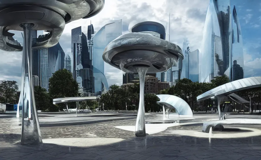 Prompt: photo of a futuristic landscape with futuristic buildings!, (((alien lamp posts))) , sidewalks with scattered benches on the sides, fountain in the middle, highly detailed, high quality, HD, 4k, 8k, Canon 300mm, professional photographer, 40mp, lifelike, top-rated, award winning, realistic, sharp, no blur, edited, corrected, trending