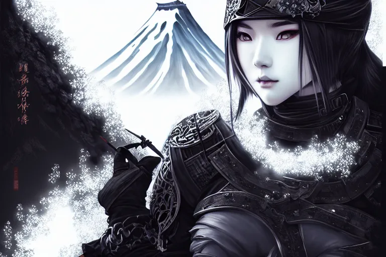 Image similar to portrait ninja gaiden girl, black plus white ninja wardrobe, at snowy fuji mountain sunrise, ssci - fi and fantasy, intricate and very very beautiful, detailed, digital painting, artstation, concept art, smooth and sharp focus, illustration, art by tian zi and wlop and alphonse mucha