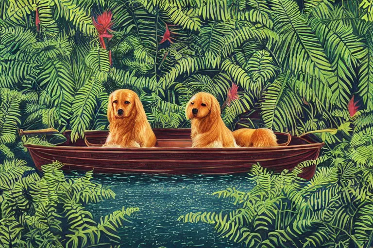 Prompt: dog in a boat, ferns, jungle, night, stars, highly detailed, unreal engine render concept art, style of howard arkley