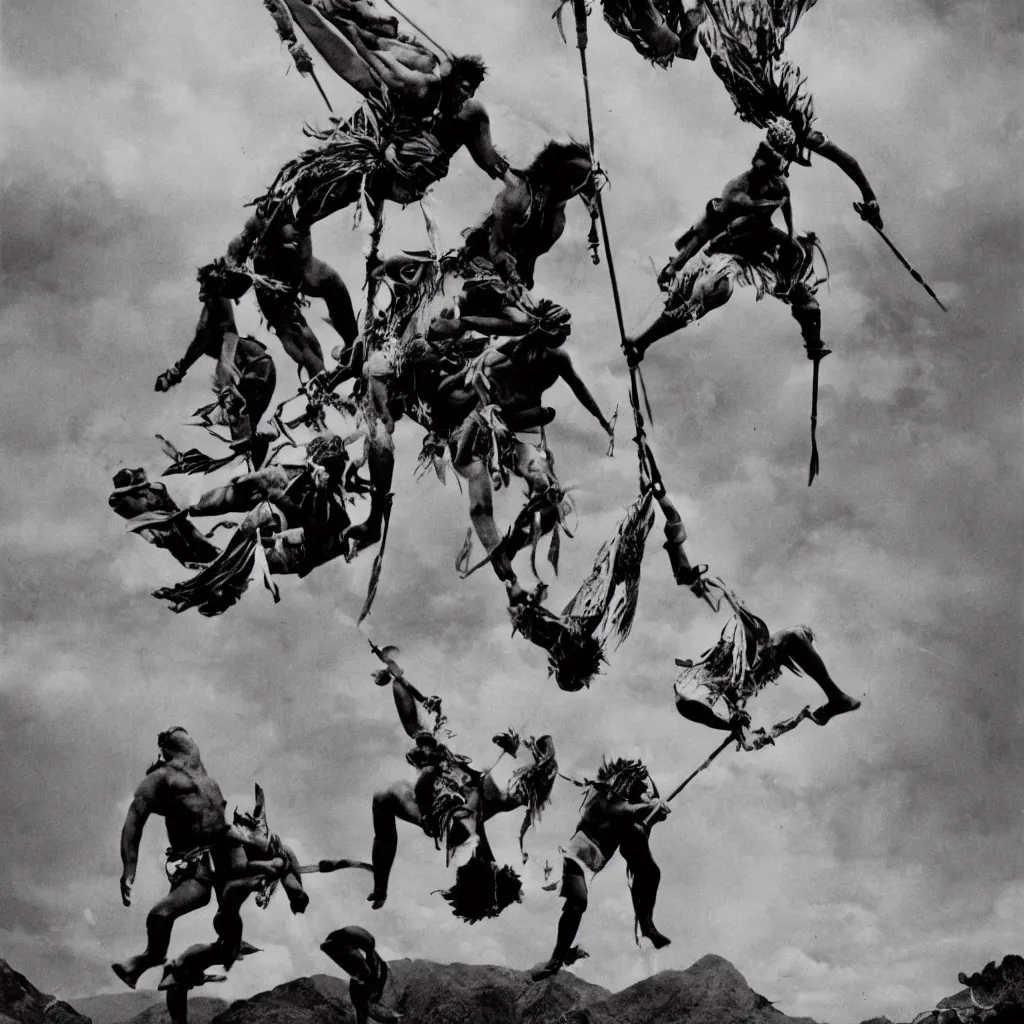 Image similar to Maori warrior during ancient extreme sports on parachute by david lachapelle, old photo, black and white, vintage