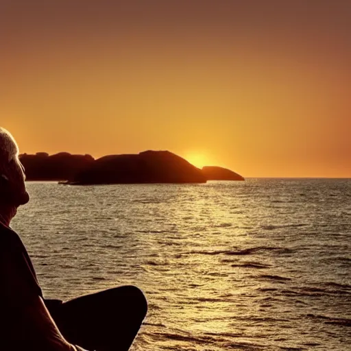 Image similar to old man sitting on a rock and watching beautiful sunset, long beard, warm colors, sea view, silhouette, trending in artstation, soft light