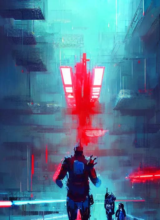 Prompt: sci - fi art, dolph lundgren as armored warrior, blue and red corridors in the background, art by ismail inceoglu