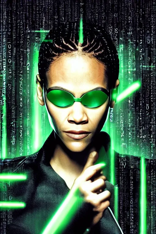 Prompt: a movie poster portrait taken from the matrix movie featuring ( zoe saldana ) with beautiful long black braids, wearing futuristic sun glasses and black leather trench coat, green matrix computer code and light beams flash in the background, extremely detailed, extremely symmetrical facial features, by kevin fiege 8 k