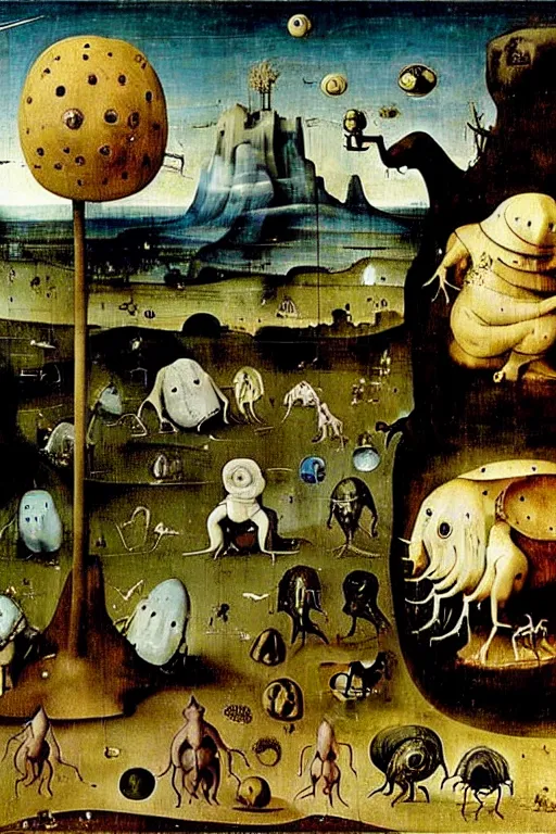 Prompt: a beautiful tardigrade landscape with weird tardigrade creatures by hieronymus bosch and dali