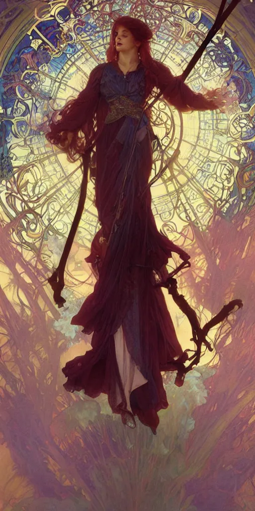 Image similar to Beautiful female wizard with blue rose velvet robes on a swing, wearing an intricate arcane makeup, searching for her soul, burning desire, epic cinematic, drama, action, digital art, art by Alphonse Mucha, Greg Rutkowski, Alex Ross, WLOP