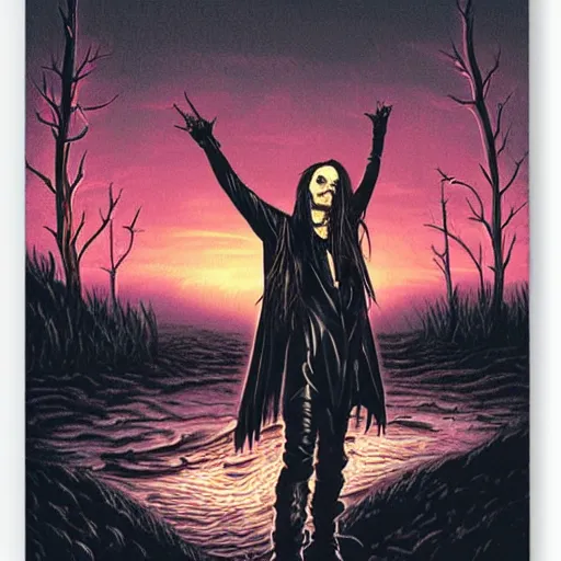 Image similar to vampire Mortiis floating in the air, sunset by Dan Mumford. Wearing leather and spikes