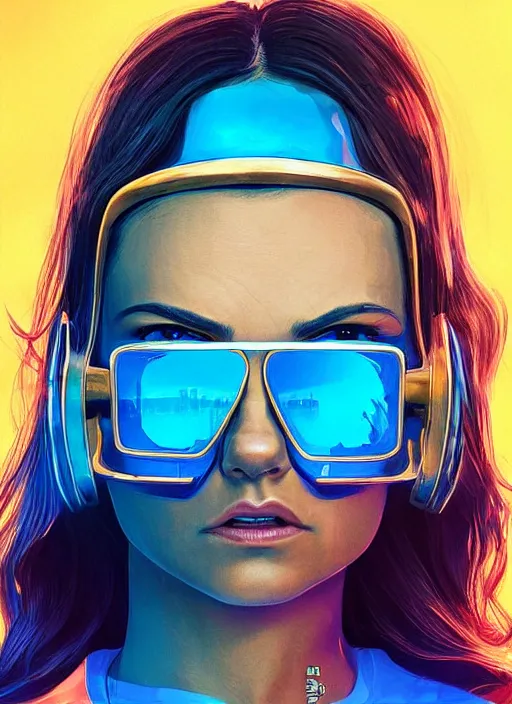 Prompt: shoulder portrait of a cute mila kunis as a cyberpunk assassin posing in front of her spaceship, blue ar sunglasses, golden hour dramatic light, high contrast, sharp, stanley lau, stanley artgerm, wlop, beeple