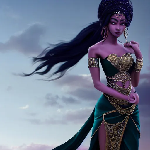 Prompt: aesthetic!!!!!! Female genie in Arabic clothing, black skin, long black hair, silver clothes, frontal pose, cinematic lighting, silk, fabric, full-length view, cinematic, hyper realism, detailed!!!!!!!, 8k, depth of field, vibrant.