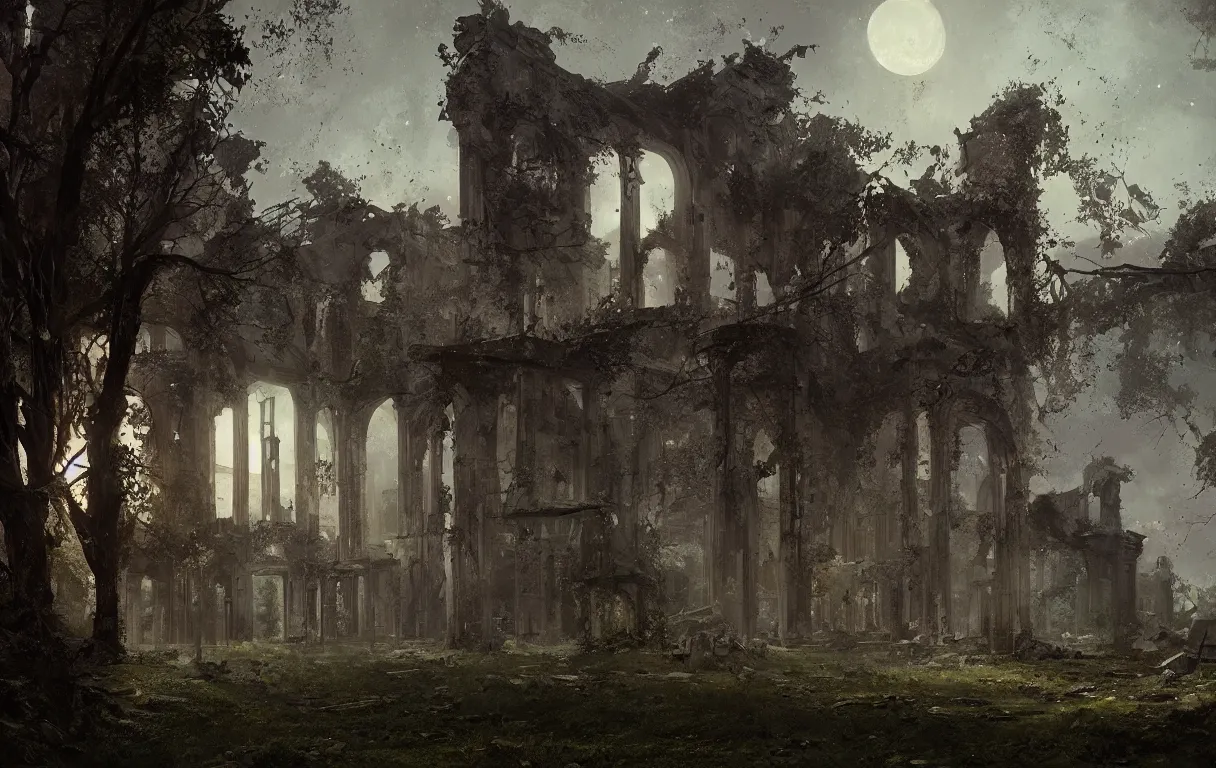 Image similar to A digital painting of a close-up view of abandonned ruins, some dim moonlight, by Ismail Inceoglu and Caspar David Friedrich, stunning, photorealistic, highly-detailed, 4k, ue5, light effect, rtx on, realistic, cinematic, IMAX quality, trending on artstation