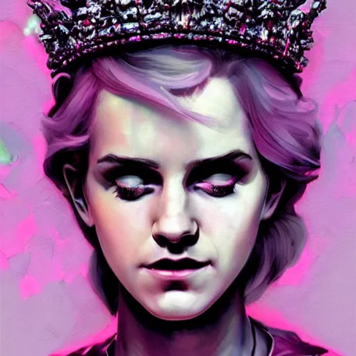 Image similar to pink portrait of beautiful female angel queen Emma Watson head wearing shiny pink crown, subtle purple accents, hyper details, black metal rococo, sculpted by Alex Alice, Craig Mullins, yoji shinkawa, trending on artstation, beautifully lit, Peter mohrbacher, hyper detailed, insane details, intricate, elite, elegant, luxury, ray of light through smoke, CGsociety, hypermaximalist, golden ratio, volumetric, octane render, weta digital, micro details, 3d sculpture