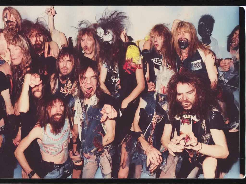 Prompt: 80s polaroid colour flash photograph of Iron Maiden concert