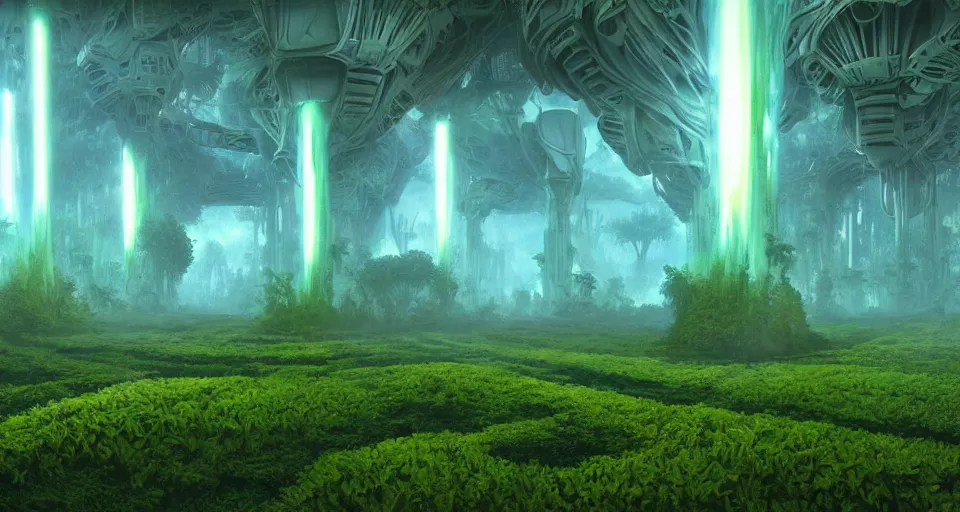 Prompt: lush garden of eden dramatic perspective organic 3 d fractal vapourware colours a minimalist cinematic scifi with giant bright translucent bioluminescent microscopy, gigantic pillars, maschinen krieger, beeple, the matrix, star wars, ilm, star citizen, mass effect, oil painting by donato giancola, chris foss, warm coloured, artstation, atmospheric perspective