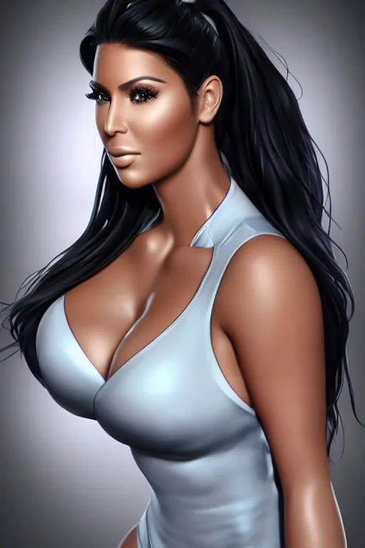 Prompt: photorealistic 3 d render of kim kardashion as an impossibly curvy anime girl wearing a gym outfit, by artgerm and earl norem, featured on pixiv, booru, exaggerated proportions, high resolution digital art, 4 k, beautiful symmetric face, subsurface scattering, volumetric lighting, realistic skin texture