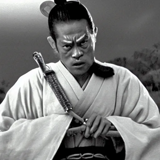 Prompt: photorealistic white rabbit samurai with angry face in seven samurai, film still, Usagi Yojimbo