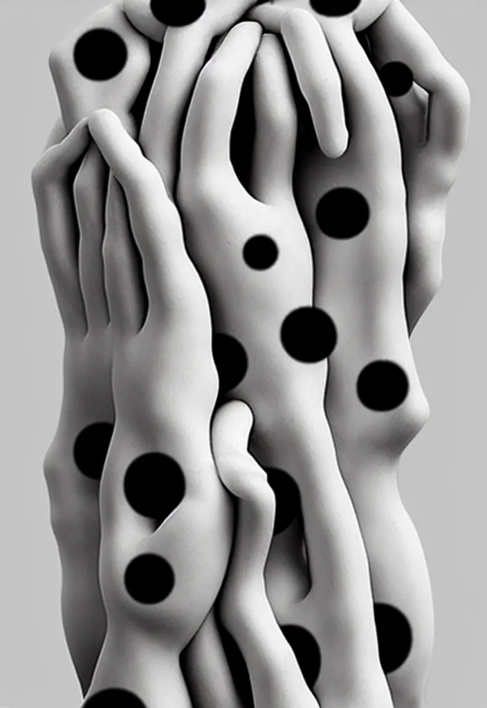 Prompt: a stack of hands carved from marble, little black circles