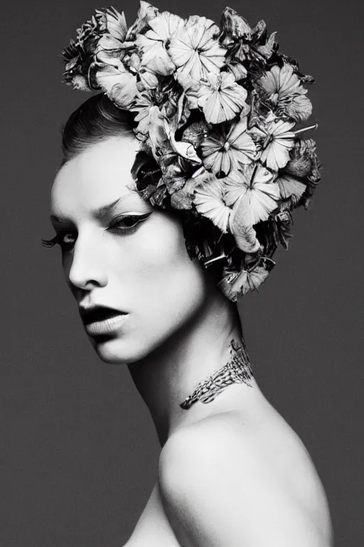 Image similar to a bountiful springtime harvest, a conceptual surrealist punk hairstyle for girls, by steven meisel, sigma 35mm f/8