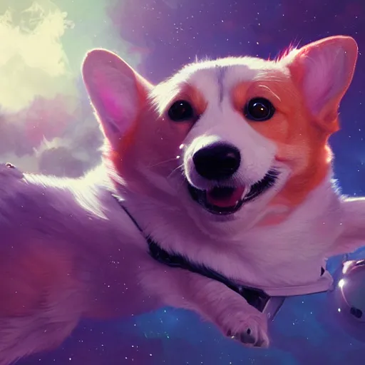 Prompt: corgi in space, hyperrealistic, lifelike, extremely detailed, beautiful digital illustration by artgerm, moebius, greg rutkowski, ruan jia, simon stalenhag, makoto shinkai, rossdraws, alphonse mucha, trending on artstation, pixiv, 8 k