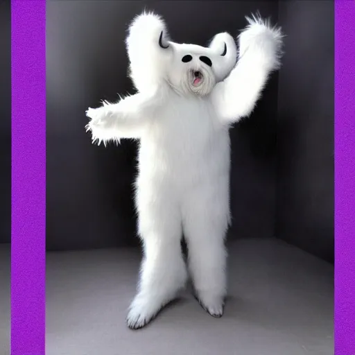 Prompt: A photo of a white fur monster standing in a purple room