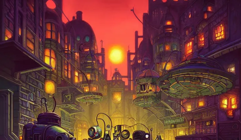 Prompt: fantasycore. magic the gathering art. street view of 1950s machinarium cityscape at night by michael whelan and naomi okubo and dan mumford. cute 1950s robots. cel-shaded. glossy painting.