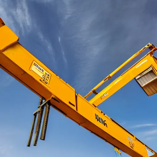 Prompt: high quality, digital photography of a crane lifting a container, shot from the ground, looking up, close shot, clear sky