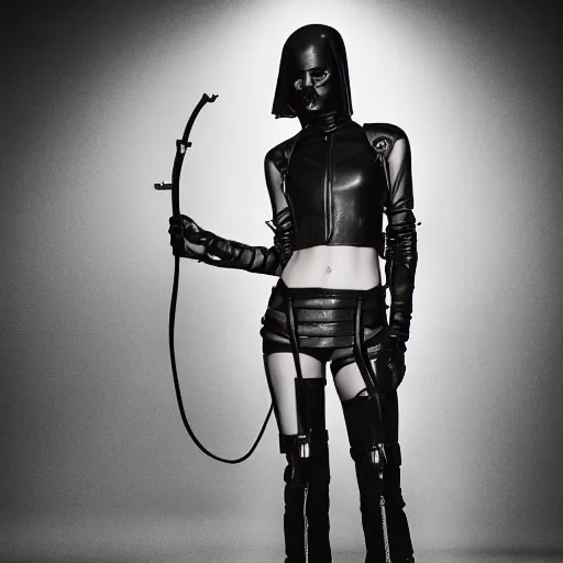 Image similar to fashion photography of an extraterrestrial model, holding a leather whip, wearing demobaza fashion, inside berghain, berlin fashion, harness, futuristic fashion, dark minimal outfit, photo 3 5 mm leica, hyperdetail, berghain, 8 k, very detailed, photo by nick knight