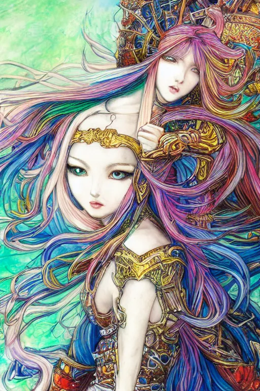 Prompt: a beautiful fantasy woman with long flowing hair, wearing armor by Yoshitaka Amano, intricate background, colorful vibrant paint