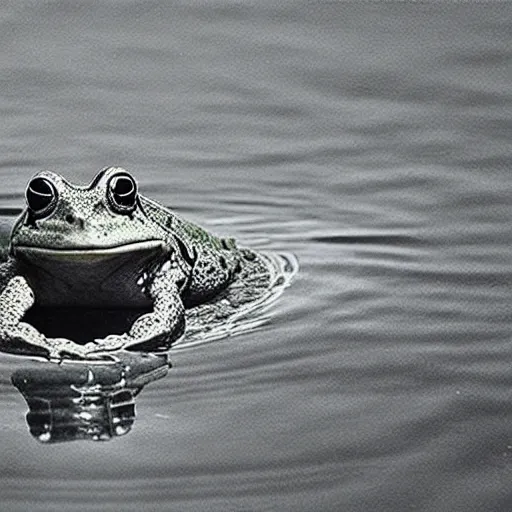 Image similar to “semitranslucent smiling frog amphibian rising above the waters of misty lake in Jesus Christ pose, low angle, long cinematic shot by Andrei Tarkovsky, paranormal, spiritual, mystical”