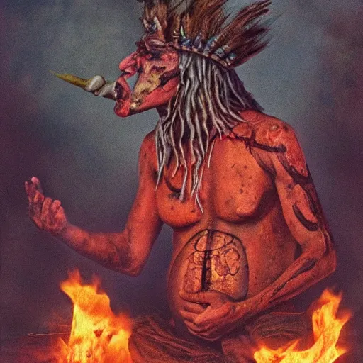 Image similar to a photorealistic of a terrible horrific shaman in a ritual of fire destruction death and incense, a strong pain appears in the belly and goes into a trance