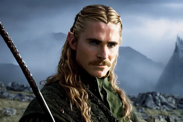 Image similar to film still of Christian Bale as Legolas in The Two Towers movie, 4k