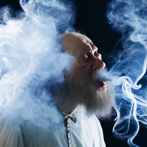 Image similar to a stoned dumbledore exhaling a huge smoke cloud, professional photography, featured on artstation