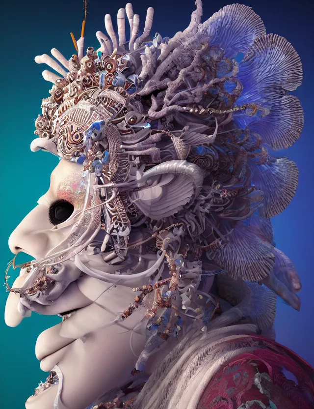 Image similar to 3 d goddess in robe close - up profile portrait with ram skull. beautiful intricately detailed japanese crow kitsune mask and clasical japanese kimono. betta fish, jellyfish phoenix, bio luminescent, plasma, ice, water, wind, creature, artwork by tooth wu and wlop and beeple and greg rutkowski