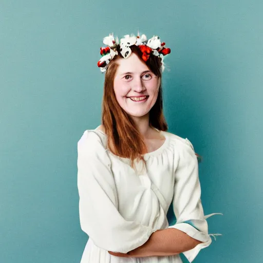 Image similar to a photograph of beautiful nordic woman, duchenne smile, wearing a white folkdrakt dress, she has a summer flower headband. against a teal studio backdrop. strong kodak portra 4 0 0 film look. film grain. cinematic. in - focus