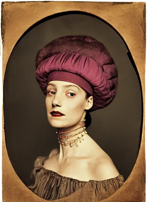 Image similar to portrait of young woman in renaissance dress and renaissance headdress, art by irving penn