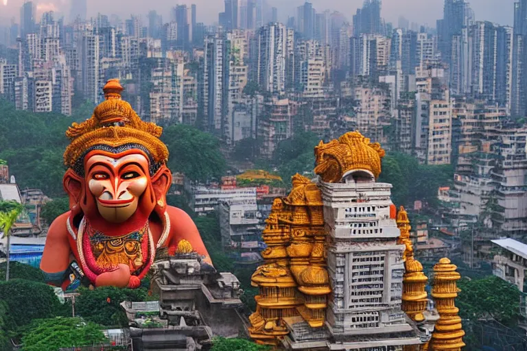 Image similar to high quality 3 d dreamscape biomorphic hanuman head building in the middle of mumbai!!, kalighat highly detailed, cinematic smooth, stephen shore & john j. park, soft morning light, wide shot, high angle, uhd 8 k, deep focus