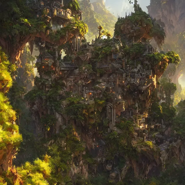 Image similar to vertical overwatch headquarters carved inside a mountain surrounding a lush garden, trimmed, magical, natural light, fantasy, sharp focus, concept art, by greg rutkowski and craig mullins, cozy atmospheric