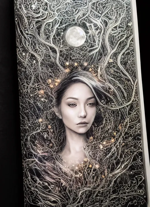 Image similar to glowing silver and golden elements, full close-up portrait, A beautiful dark witch in front of the full big moon, book cover, green forest, red white black colors, establishing shot, extremly high detail, foto realistic, cinematic lighting, pen and ink, intricate line drawings, by Yoshitaka Amano, Ruan Jia, Kentaro Miura, Artgerm, post processed, concept art, artstation, matte painting, style by eddie, raphael lacoste, alex ross