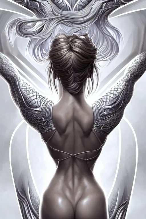 Prompt: symmetry!! intense fanart of 3 / 4 back pose of jessica biel as acotar protagonist, silver clothes, intricate, elegant, highly detailed, my rendition, digital painting, artstation, concept art, smooth, sharp focus, illustration, art by artgerm, by hajime sorayama and boris vallejo