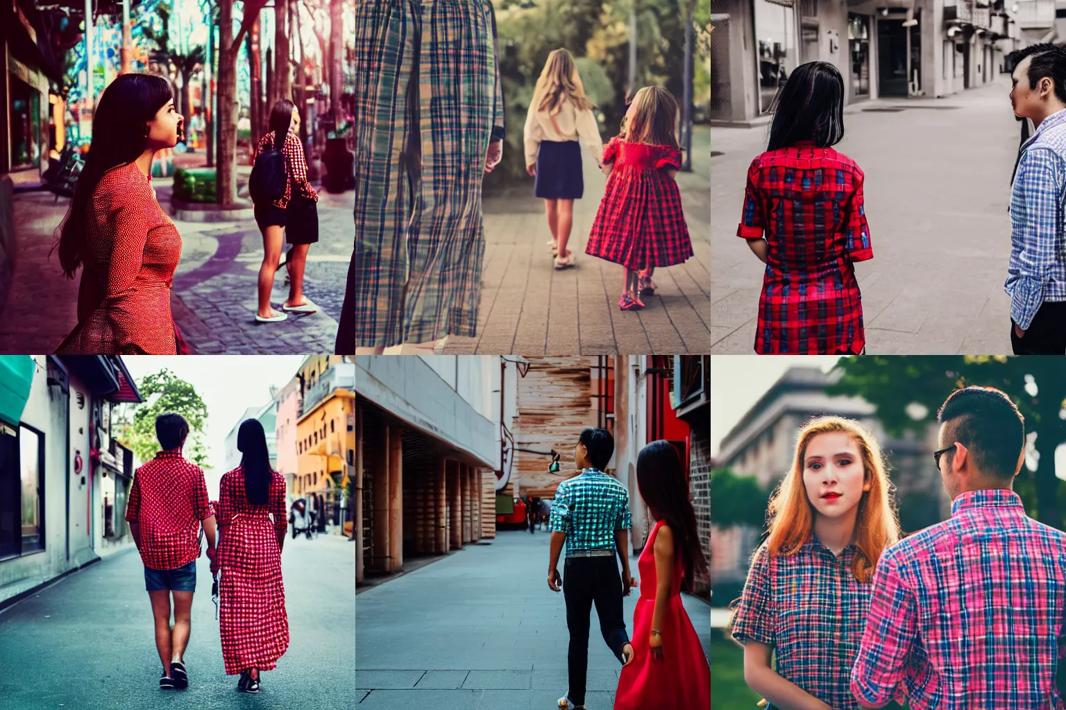 Prompt: guy in checkered shirt walking with girl in cyan blouse and turns around to look at girl in red dress, cinematic, bokeh, realistic photo