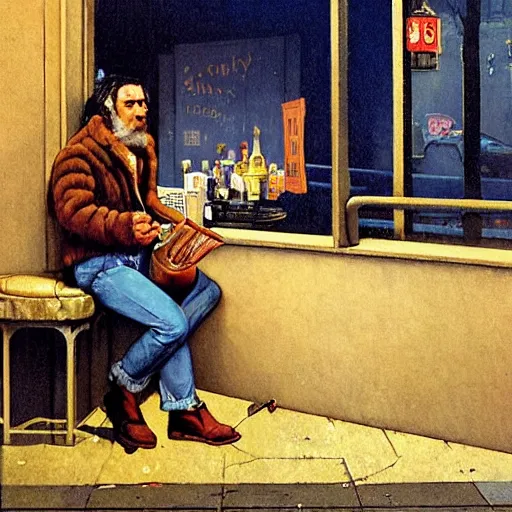 Image similar to 1 9 7 0 : a hirsute broad man in a { denim shearling jacket } smokes a { lit cigarette } outside a lonely bar in queens at 1 am, high quality high detail art by angus mcbride & n. c. wyeth, hd, realistic, photorealistic lighting, composition inspired by gregory crewdson.