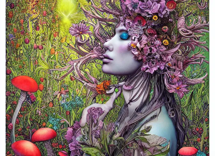Prompt: a surreal painting of a beautiful divine creature with a lot of wild flowers and plants on its head, surrounded by toxic mushrooms, poster art by android jones and h. r. giger, behance contest winner, generative line art, made of flowers and berries, grotesque, concert poster