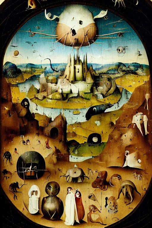 Image similar to a beautiful landscape with weird creatures by hieronymus bosch and johfra bosschart