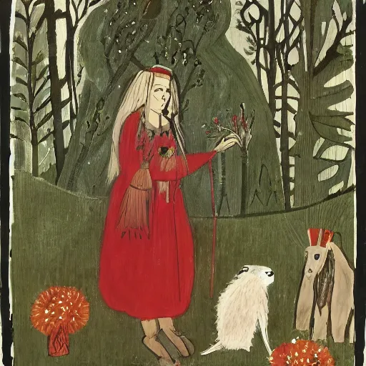 Prompt: In the mixed mediart Vasilisa can be seen standing in the forest, surrounded by animals. She is holding a basket of flowers in one hand and a spindle in the other. Her face is turned towards the viewer, with a gentle expression. In the background, the forest is depicted as a dark and mysterious place. scarlet by Bruno Munari monumental