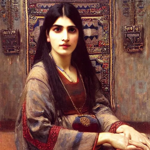 Prompt: orientalist portrait of a persian woman with thick black bangs selling carpets at market intricate artwork by john william waterhouse and Edwin Longsden Long and Theodore Ralli and Henryk Siemiradzki. trending on artstation, very coherent symmetrical artwork high detail 8k