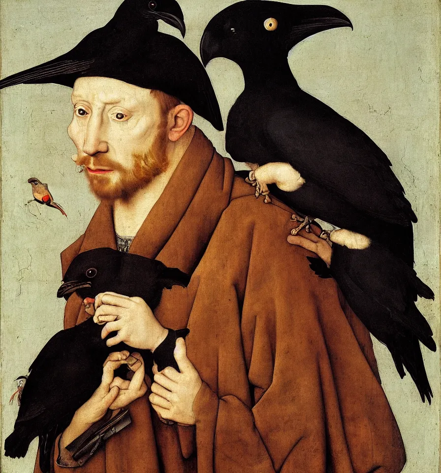 Image similar to painted portrait of a gloomy boy with a rat and a raven, 1 6 th century, hans holbein the younger, jan van eyck, gerit dou,