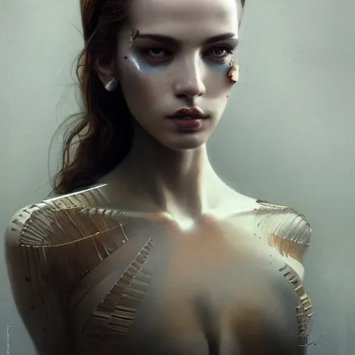 Prompt: Epic cinematic portrait of a very beautiful dollpunk female wearing Abstract bodysuit, focus, realistic eyes, symmetric body features proportions, golden ratio, ultra intricate details, award winning, unreal render, by Tom Bagshaw