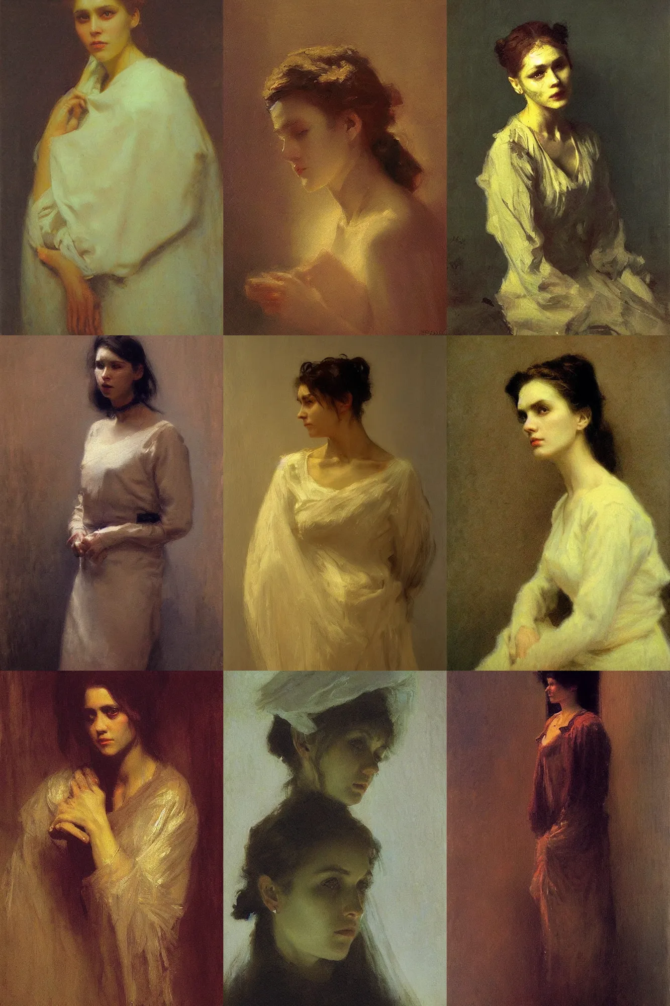 Prompt: Portrait of mysterious woman by Ilya Repin realistic dramatic lighting